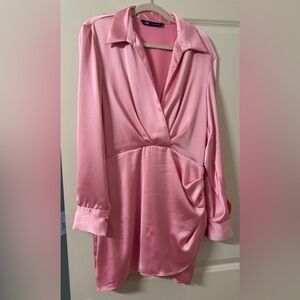 Zara pink satin long sleeve mini dress
